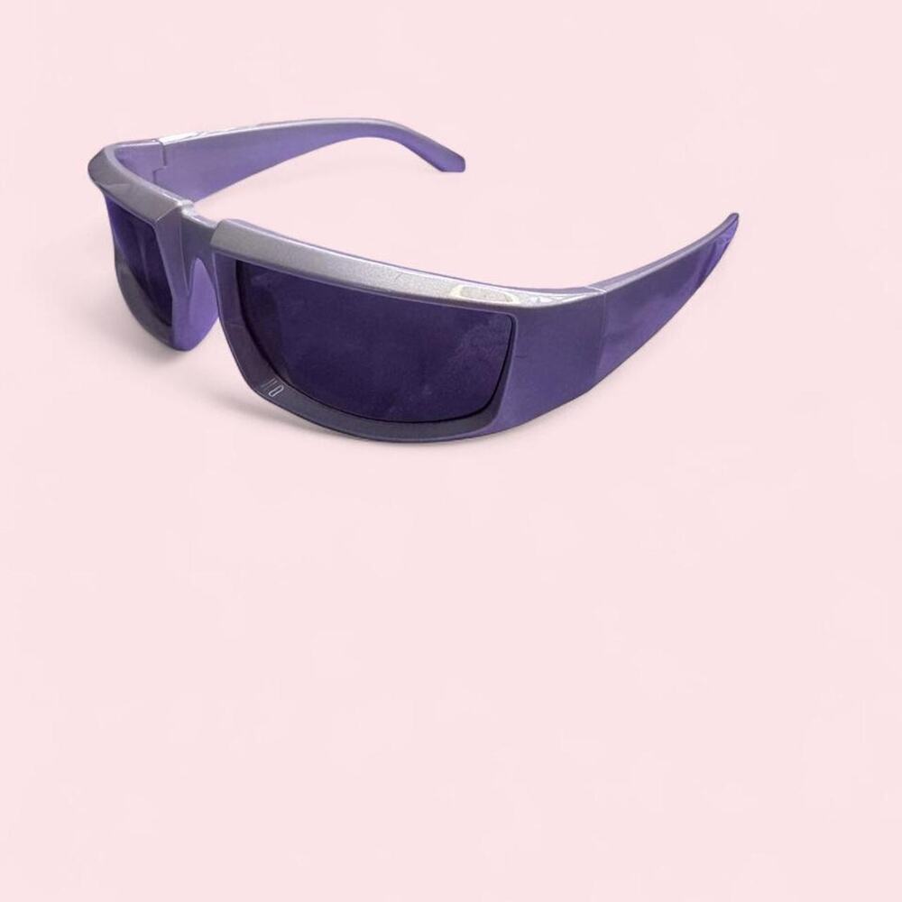 Silver unisex wraparound sunglasses with dark tinted lenses futuristic cybercore